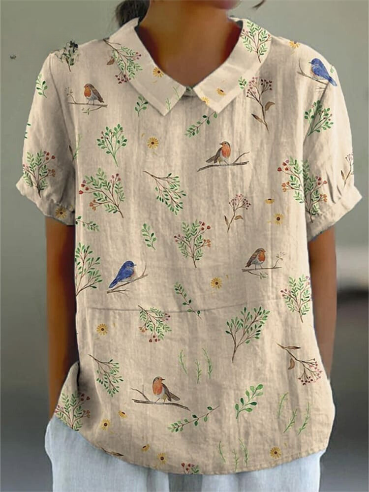 Casual Women's Shirt with Unique Bird and Branch Print - Stylish Womens Blouse for Everyday Wear 0