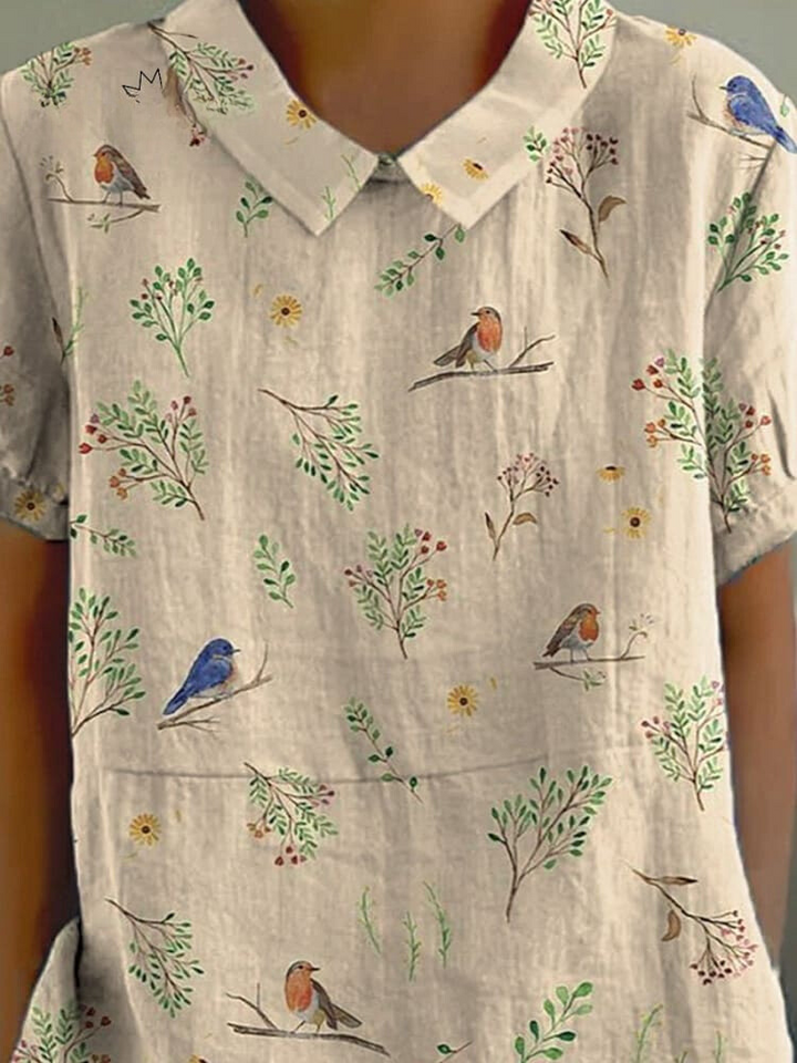 Casual Women's Shirt with Unique Bird and Branch Print - Stylish Womens Blouse for Everyday Wear 2