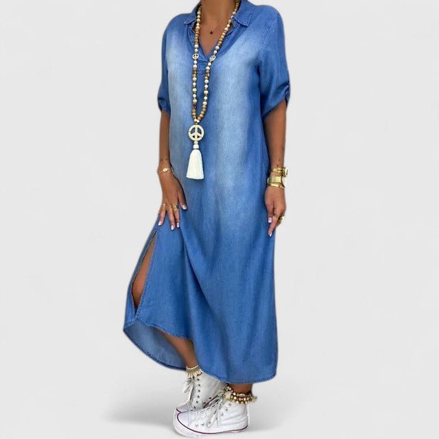 Chic Denim Dress with Short Sleeves and Side Split for Versatile Styling 0