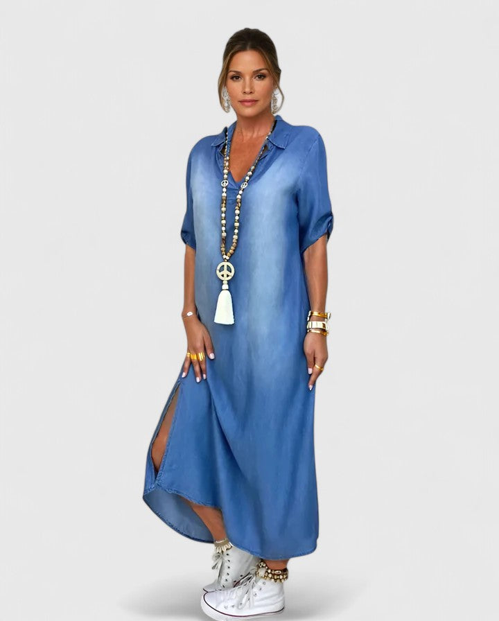 Chic Denim Dress with Short Sleeves and Side Split for Versatile Styling 1