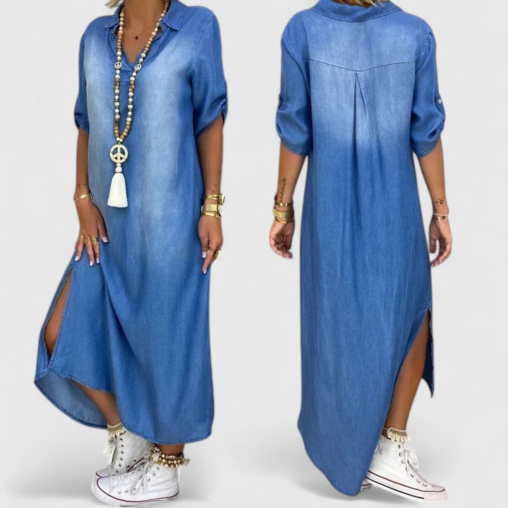 Chic Denim Dress with Short Sleeves and Side Split for Versatile Styling 2