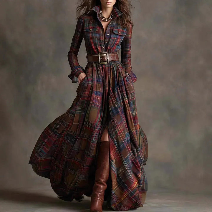 Chic Plaid Maxi Dress with Lapel and Pockets for Casual Elegance 0