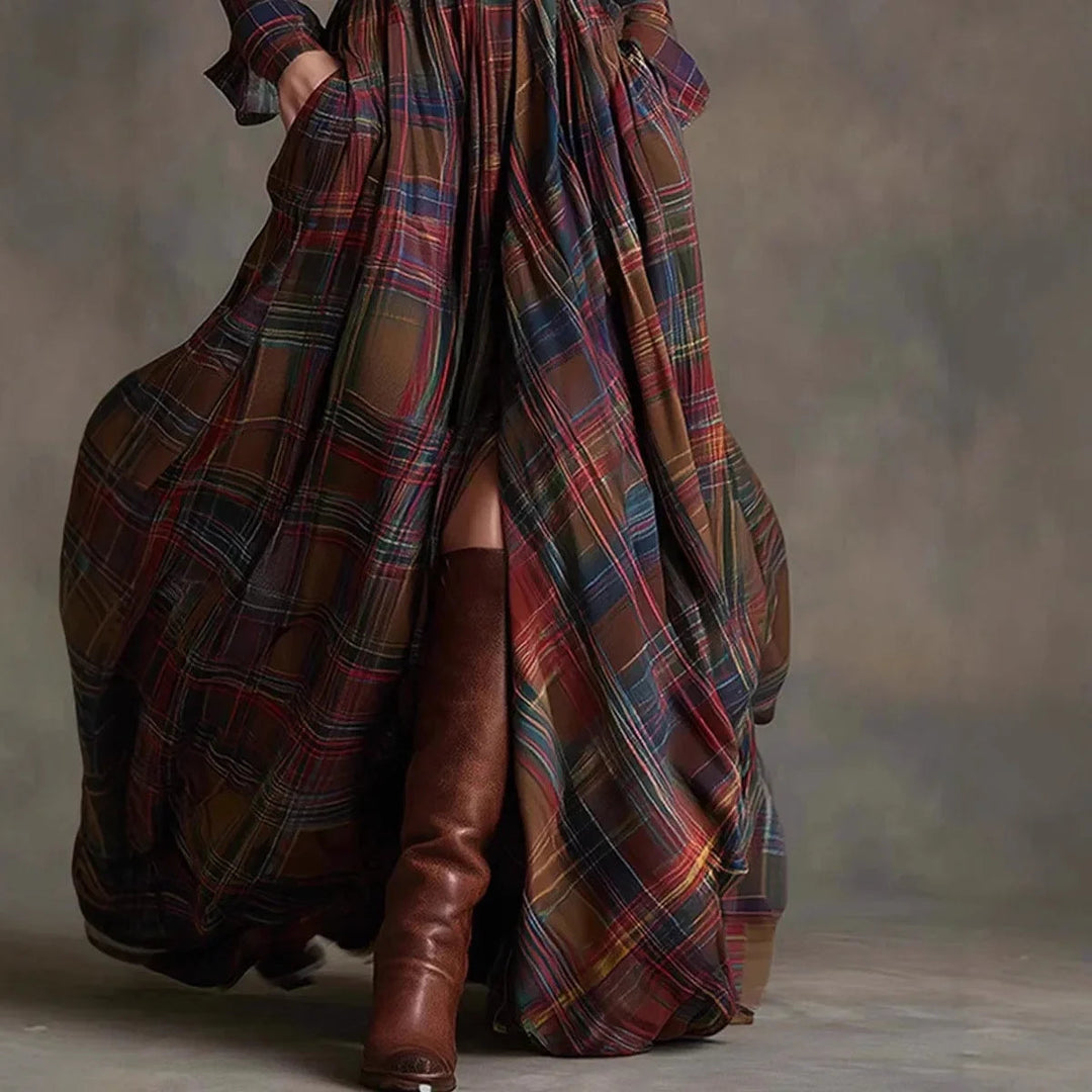 Chic Plaid Maxi Dress with Lapel and Pockets for Casual Elegance 3