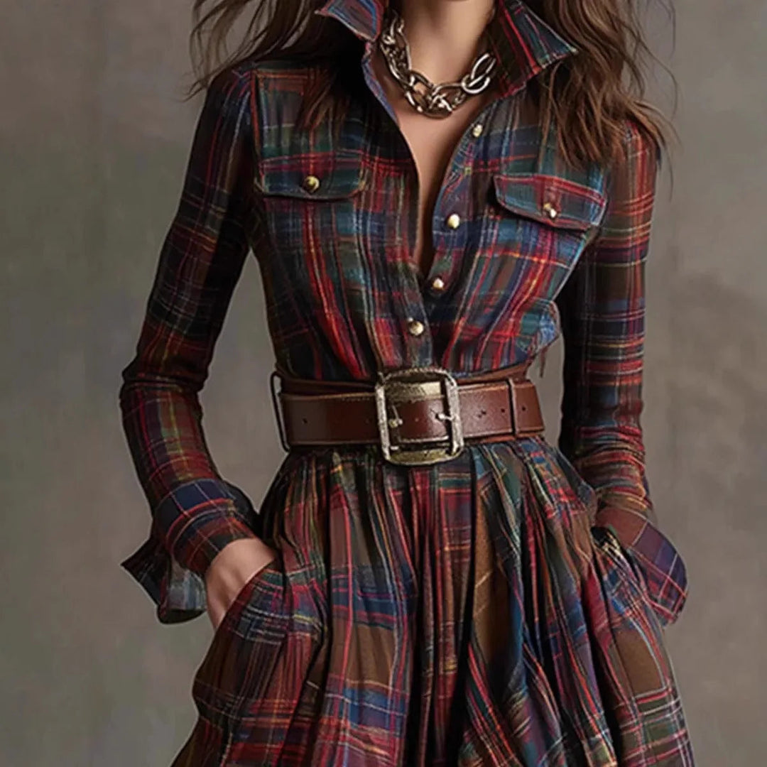 Chic Plaid Maxi Dress with Lapel and Pockets for Casual Elegance 4