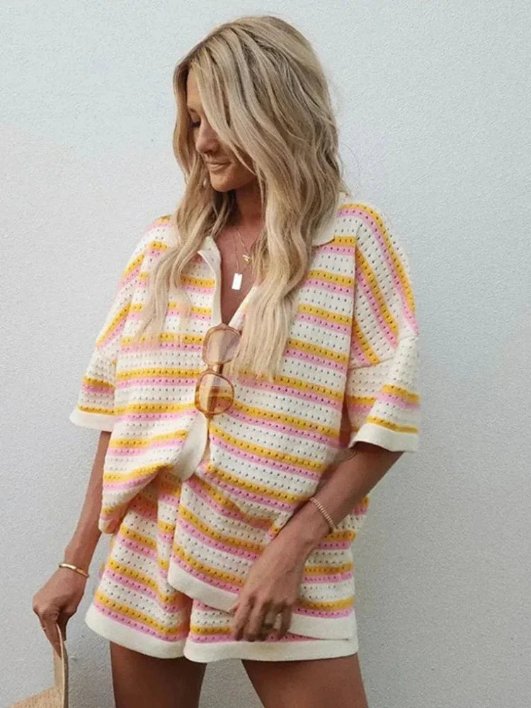 Chic Summer Outfit Set for Women - Stylish Striped Top and High-Waisted Shorts 0
