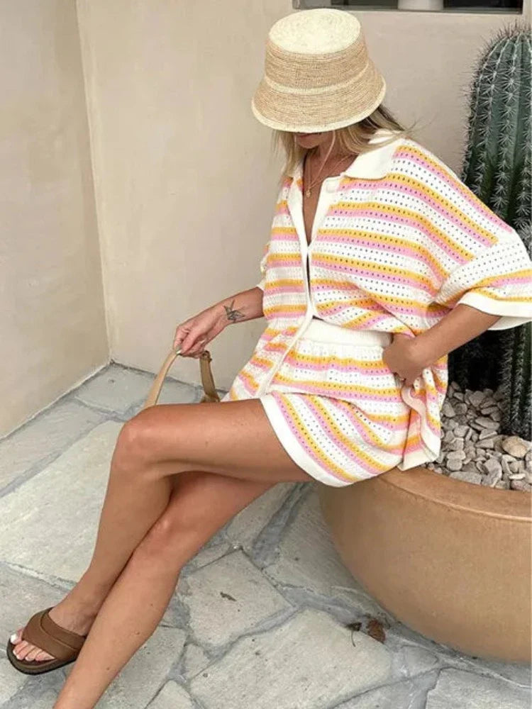 Chic Summer Outfit Set for Women - Stylish Striped Top and High-Waisted Shorts 2