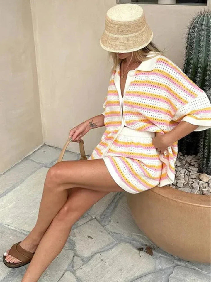 Chic Summer Outfit Set for Women - Stylish Striped Top and High-Waisted Shorts 2