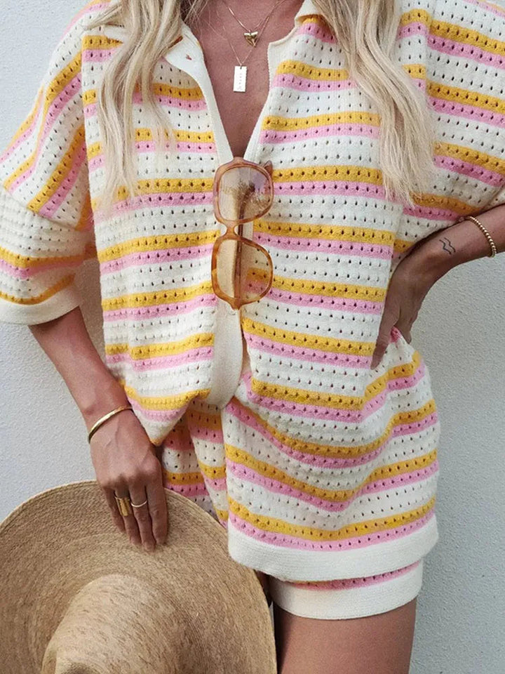 Chic Summer Outfit Set for Women - Stylish Striped Top and High-Waisted Shorts 3