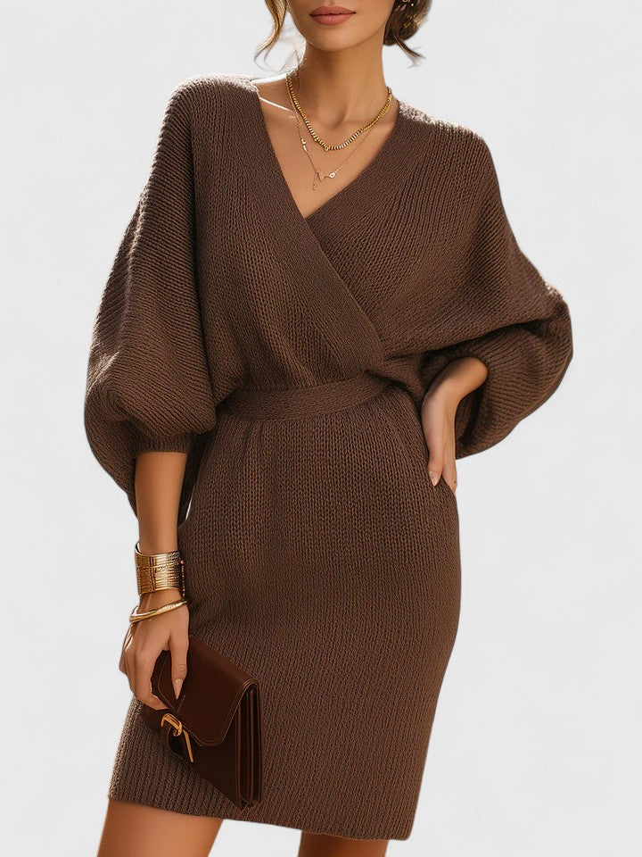 Chic Women's Wrap Dress with Bishop Sleeves and V-Neckline - Elegant Mini Formal Dress in Chocolate 0