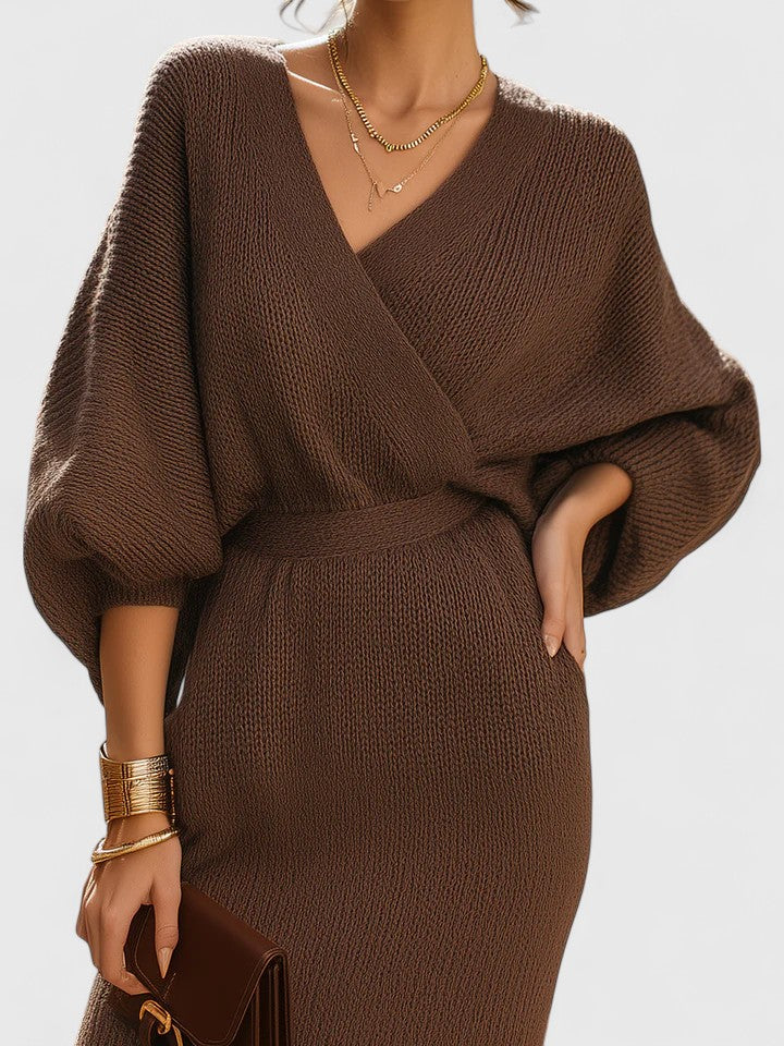 Chic Women's Wrap Dress with Bishop Sleeves and V-Neckline - Elegant Mini Formal Dress in Chocolate 1