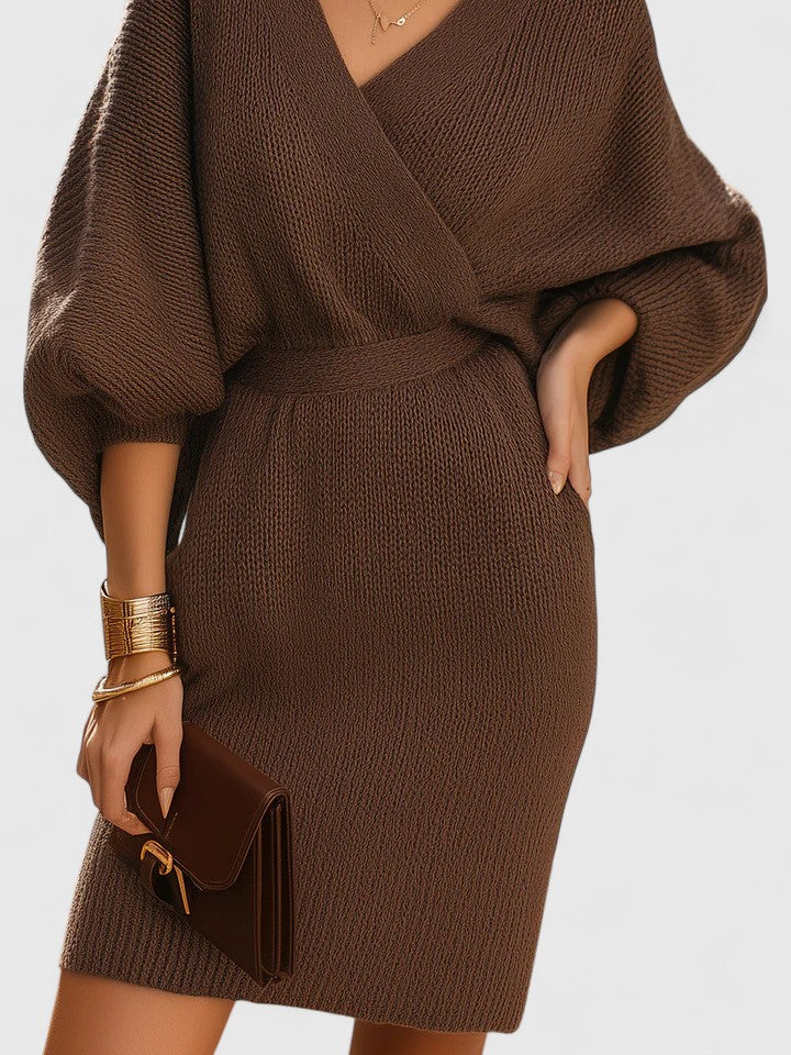 Chic Women's Wrap Dress with Bishop Sleeves and V-Neckline - Elegant Mini Formal Dress in Chocolate 2