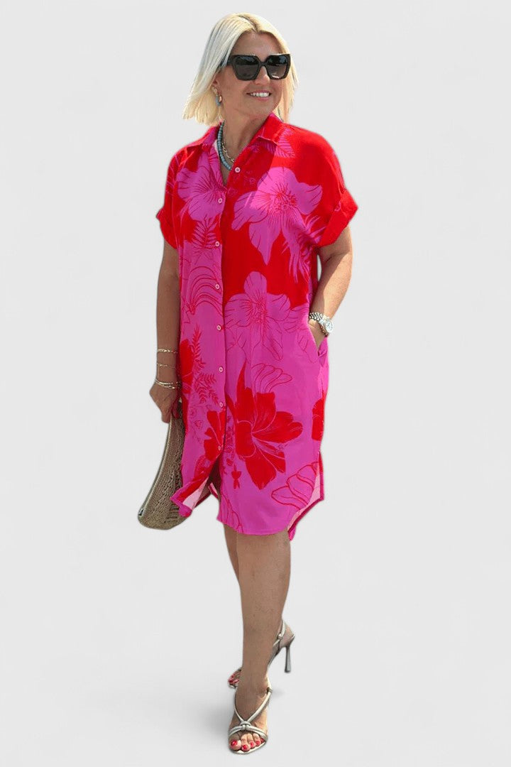Comfortable Short Sleeve Dress with Pockets and Button Placket 0