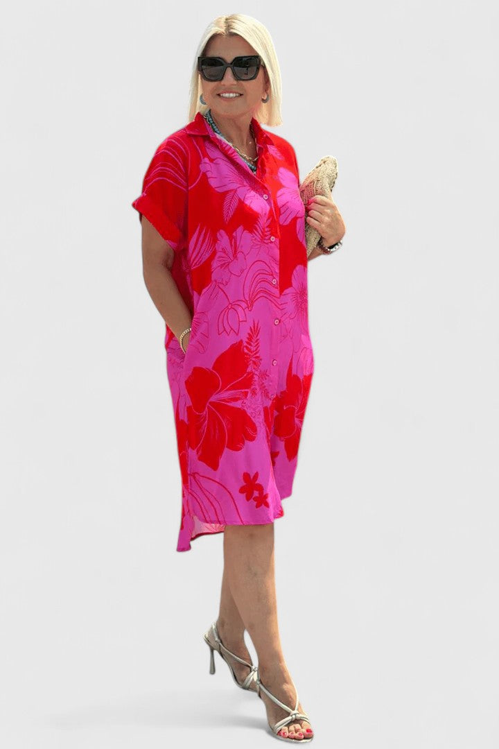 Comfortable Short Sleeve Dress with Pockets and Button Placket 1