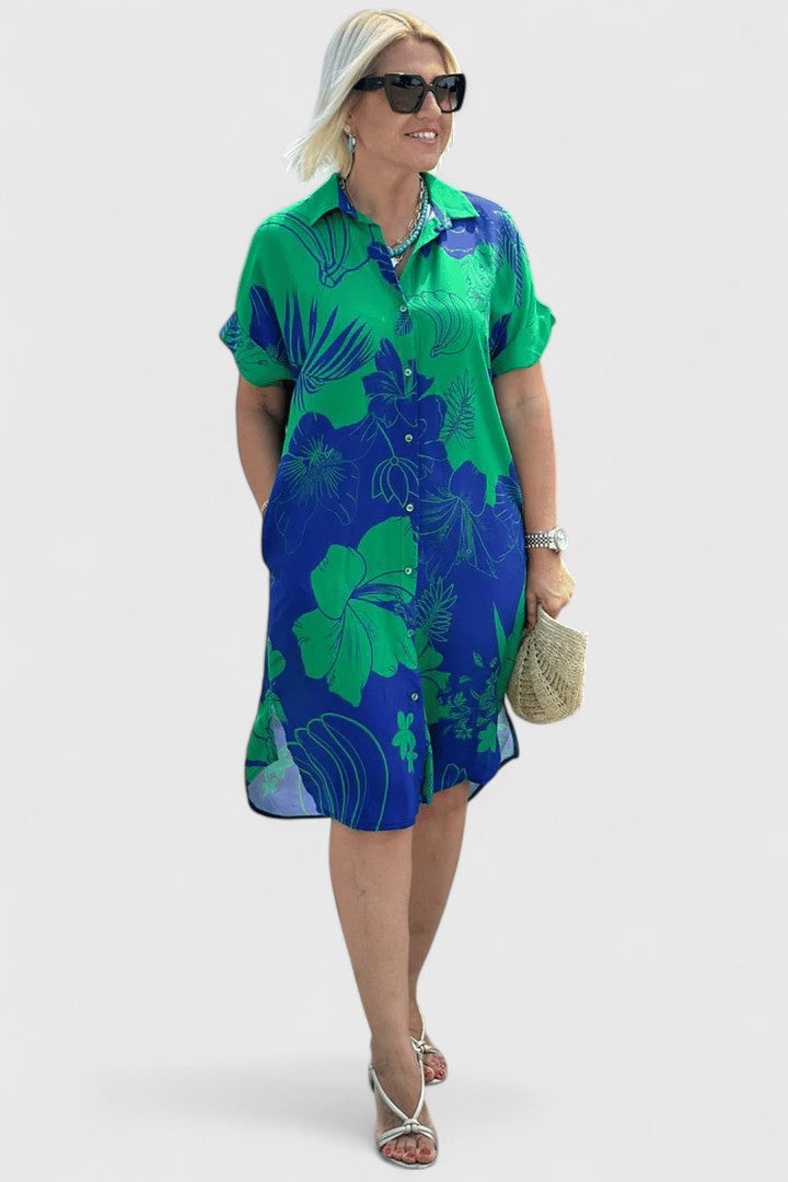 Comfortable Short Sleeve Dress with Pockets and Button Placket 3