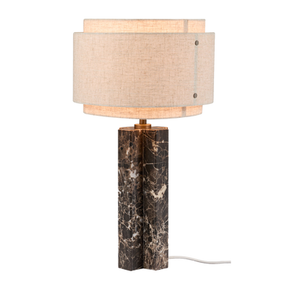 Elegant Beige Table Lamp with Brown Marble Base and Linen Shade – Modern Architectural Design 0