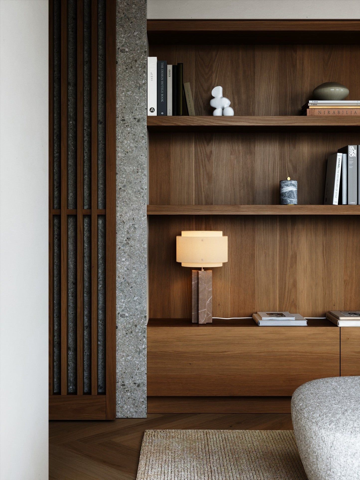 Elegant Beige Table Lamp with Brown Marble Base and Linen Shade – Modern Architectural Design 2