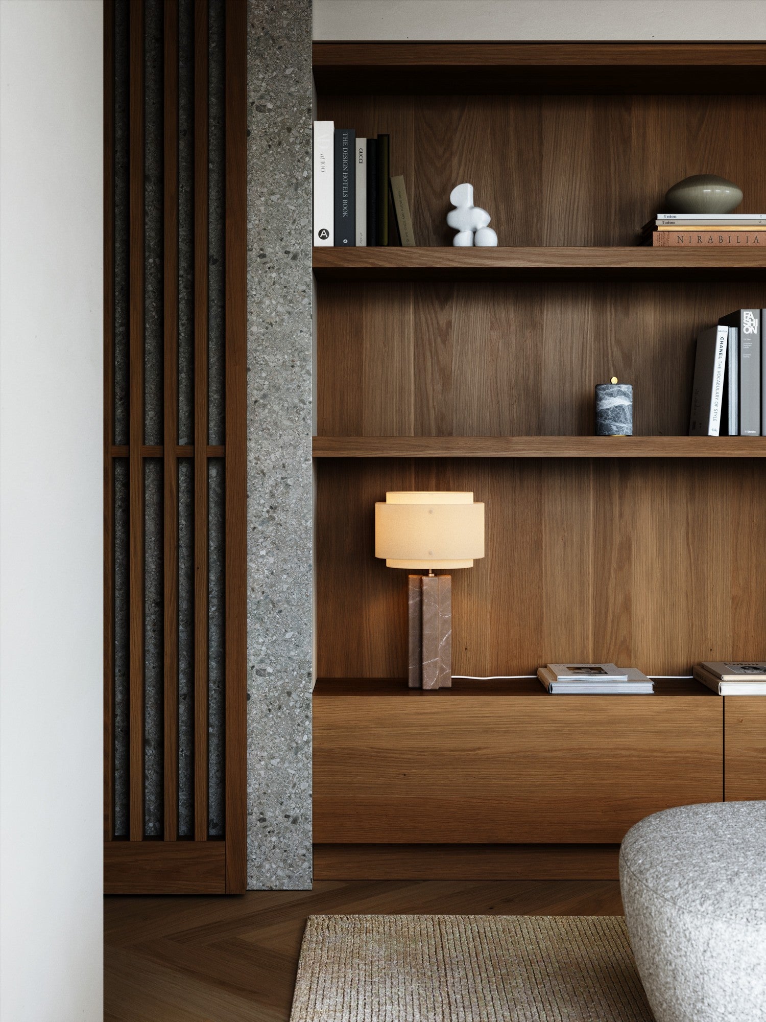 Elegant Beige Table Lamp with Brown Marble Base and Linen Shade – Modern Architectural Design 2