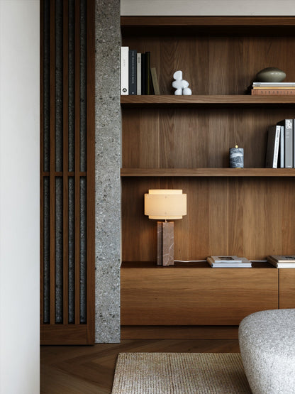 Elegant Beige Table Lamp with Brown Marble Base and Linen Shade – Modern Architectural Design 2