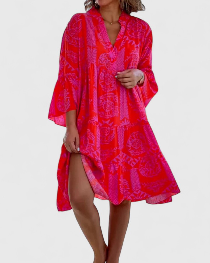 Elegant Bohemian Dress with 3/4 Bell Sleeves and V-Neck Design 0