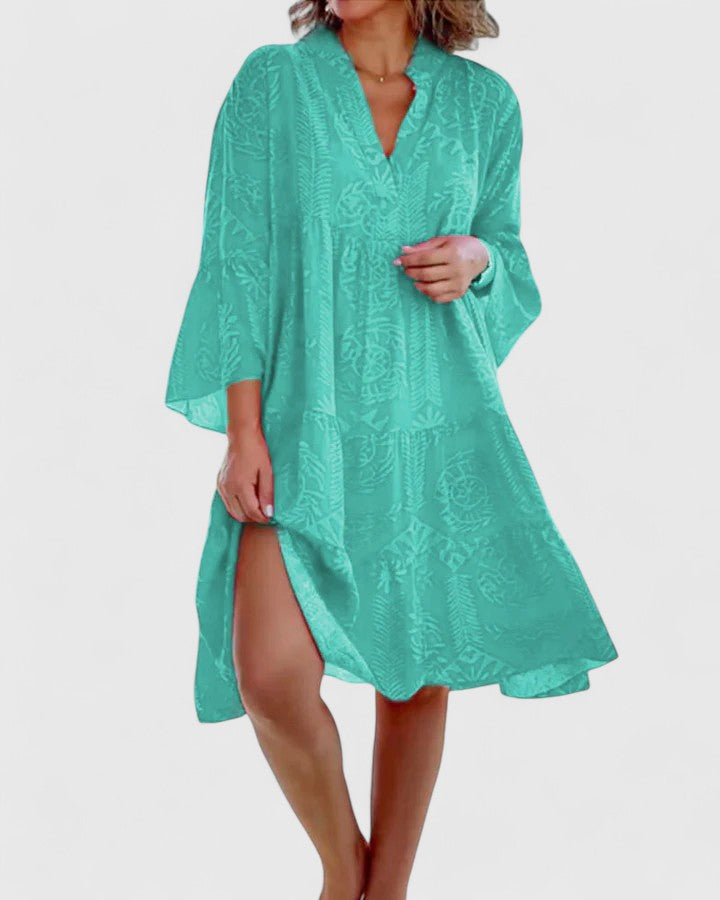 Elegant Bohemian Dress with 3/4 Bell Sleeves and V-Neck Design 1