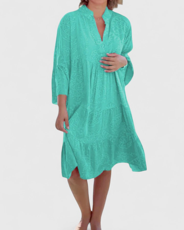 Elegant Bohemian Dress with 3/4 Bell Sleeves and V-Neck Design 3