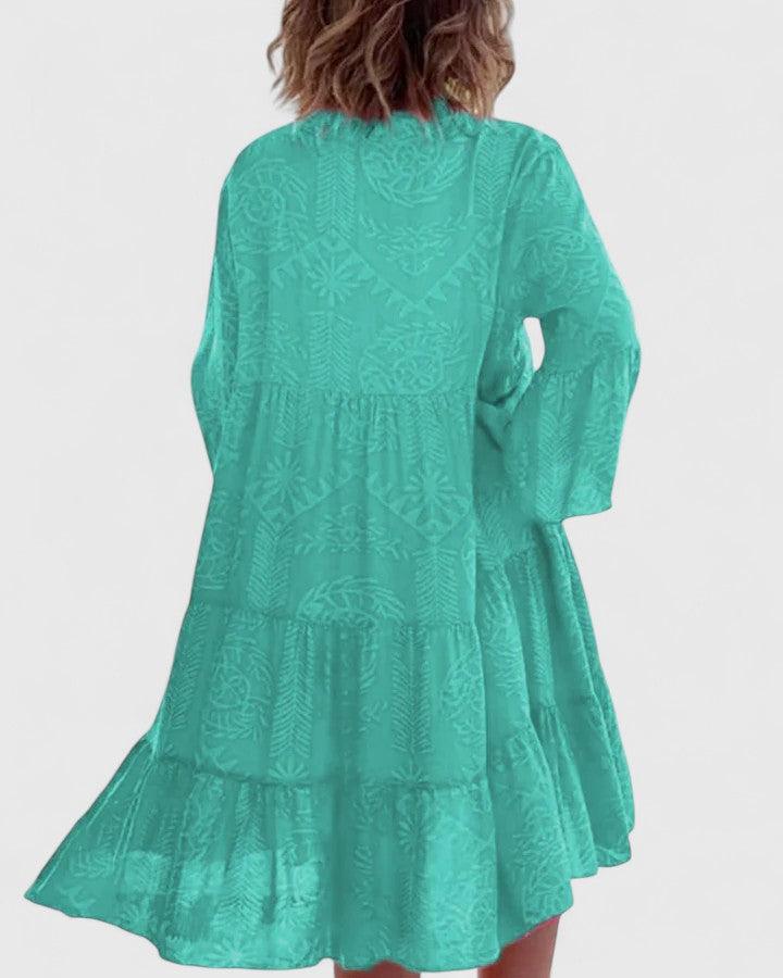 Elegant Bohemian Dress with 3/4 Bell Sleeves and V-Neck Design 4