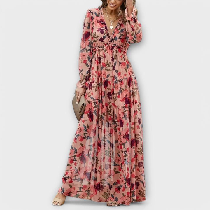 Elegant Floral Maxi Dress with V-Neckline and Long Sleeves 0
