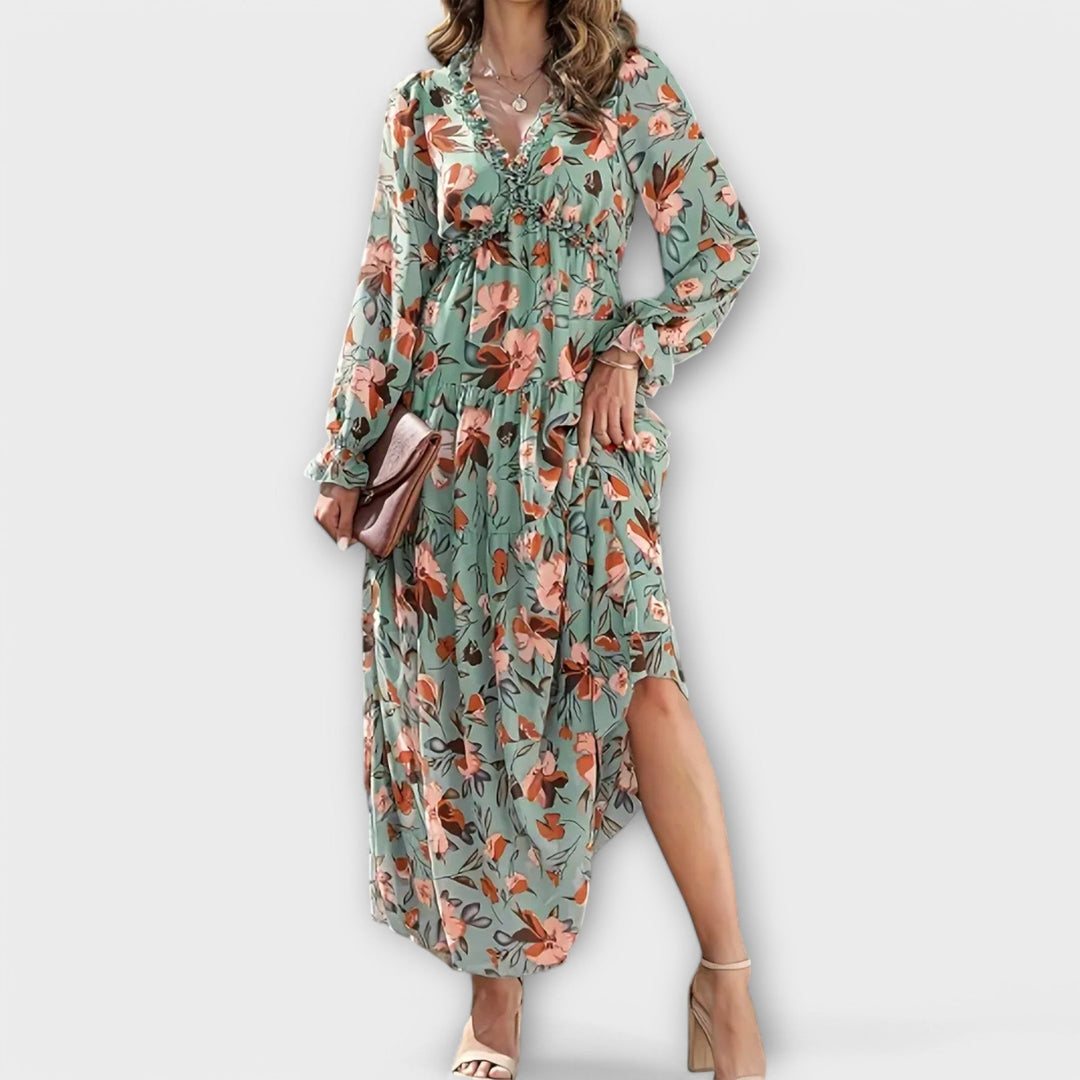 Elegant Floral Maxi Dress with V-Neckline and Long Sleeves 1