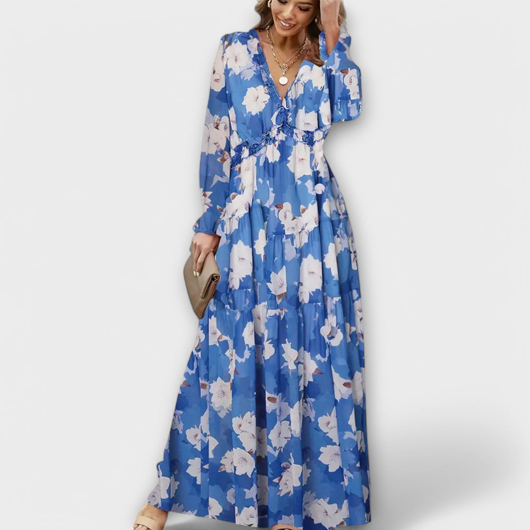 Elegant Floral Maxi Dress with V-Neckline and Long Sleeves 2