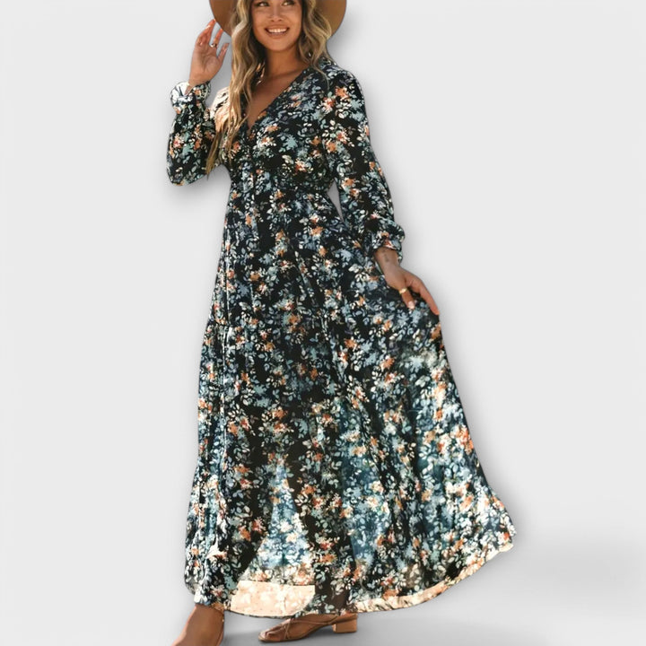 Elegant Floral Maxi Dress with V-Neckline and Long Sleeves 3