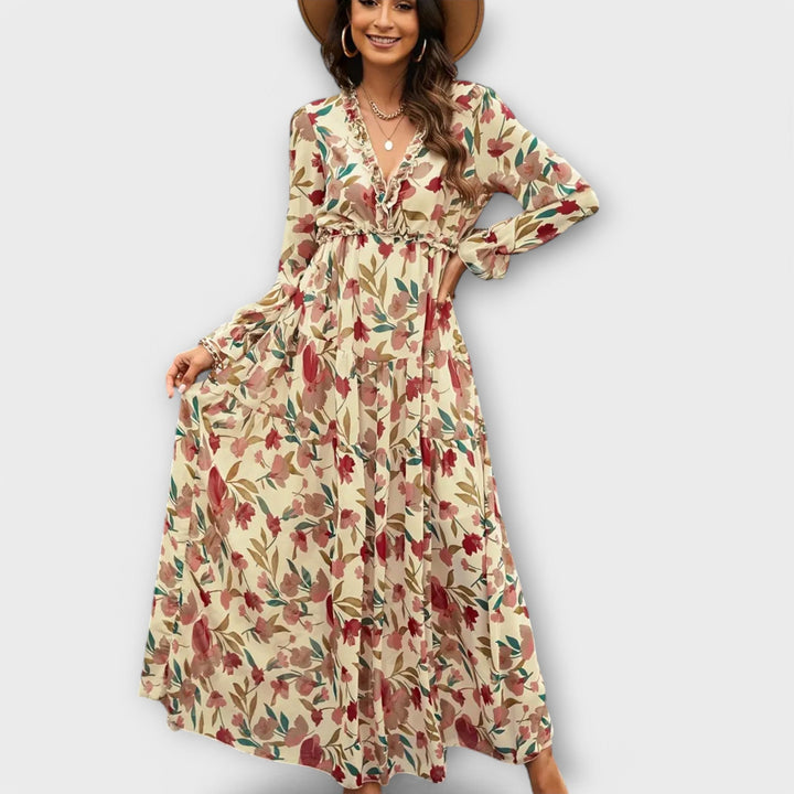 Elegant Floral Maxi Dress with V-Neckline and Long Sleeves 5