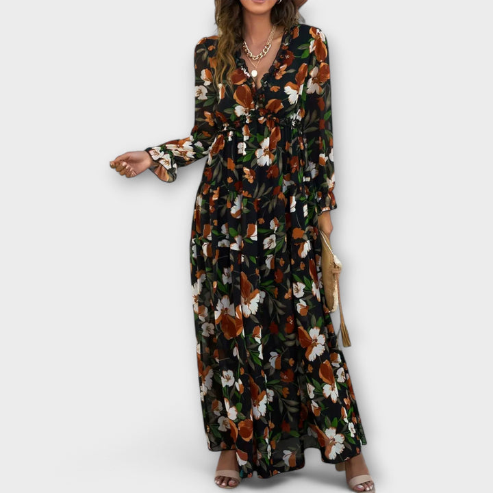 Elegant Floral Maxi Dress with V-Neckline and Long Sleeves 6