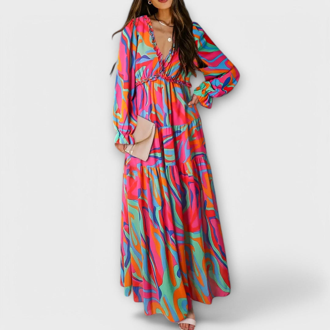 Elegant Floral Maxi Dress with V-Neckline and Long Sleeves 7