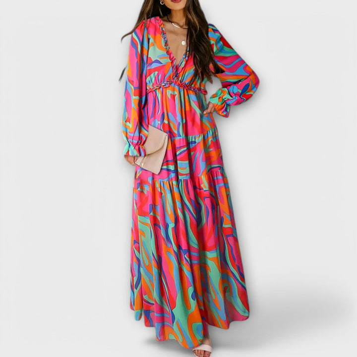 Elegant Floral Maxi Dress with V-Neckline and Long Sleeves 7