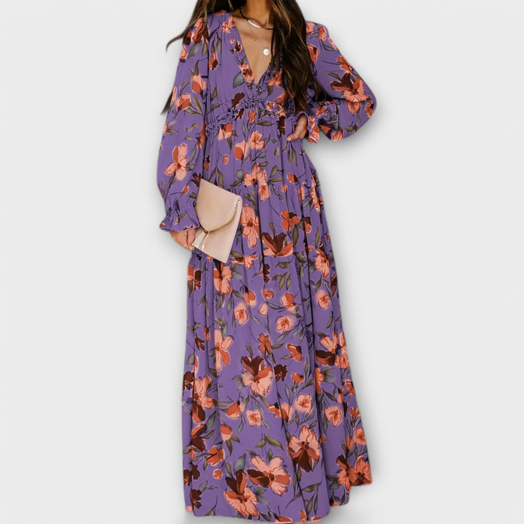 Elegant Floral Maxi Dress with V-Neckline and Long Sleeves 8
