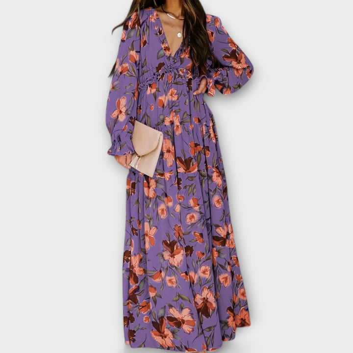 Elegant Floral Maxi Dress with V-Neckline and Long Sleeves 8