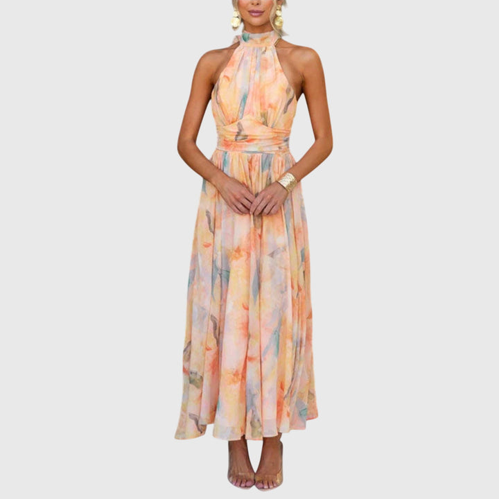 Elegant Halter Maxi Dress with Open Back and Watercolor Print 0