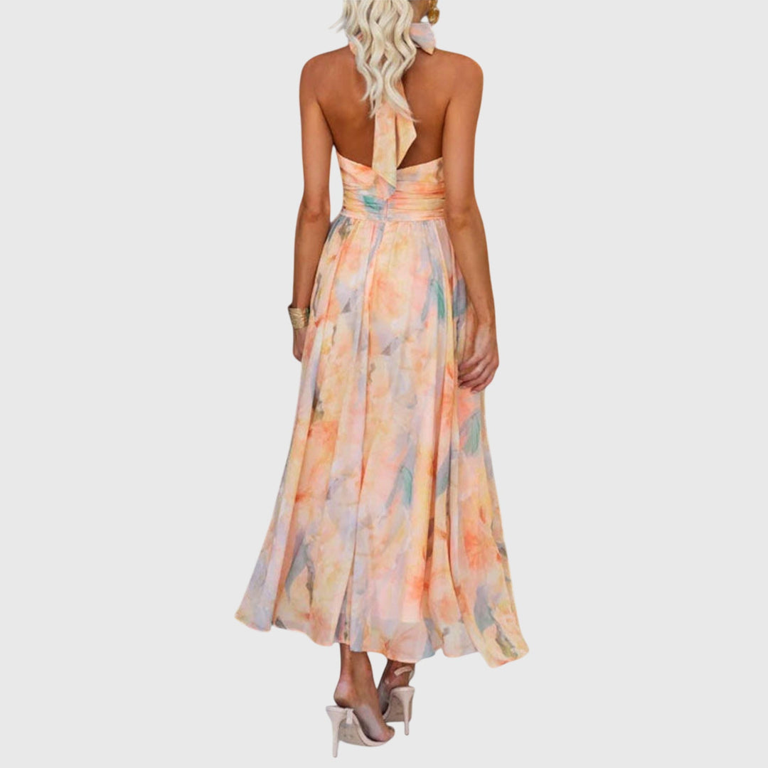 Elegant Halter Maxi Dress with Open Back and Watercolor Print 1