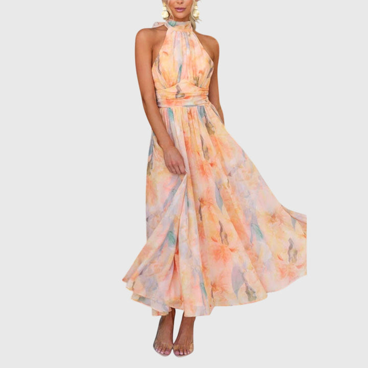 Elegant Halter Maxi Dress with Open Back and Watercolor Print 2