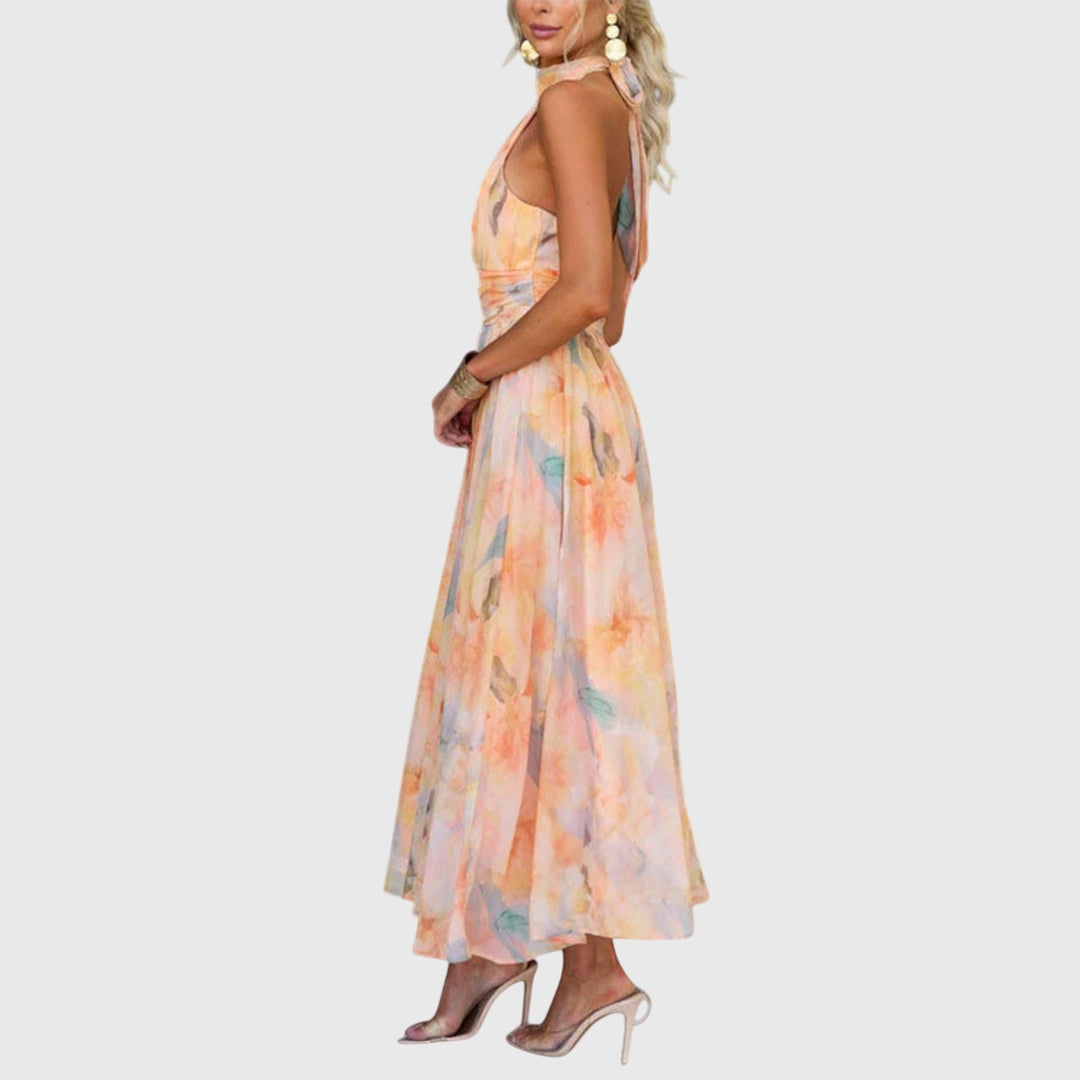 Elegant Halter Maxi Dress with Open Back and Watercolor Print 3