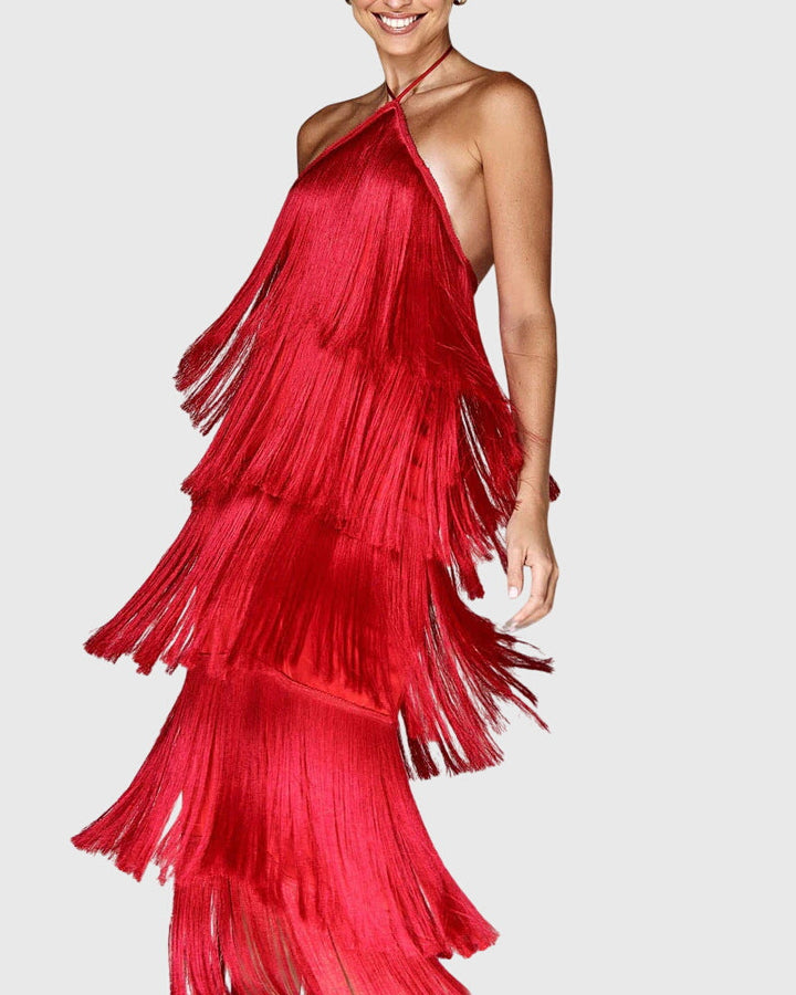 Elegant Halter Neck Tassel Dress for Special Occasions 0
