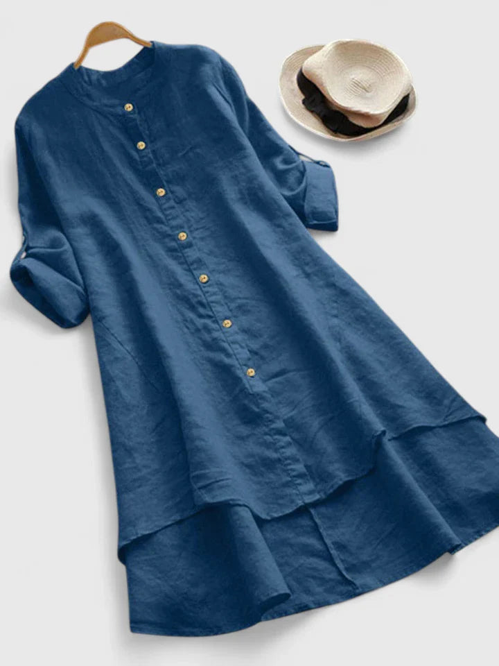 Elegant High-Low Hem Dress with Mandarin Collar and Adjustable Sleeves 0