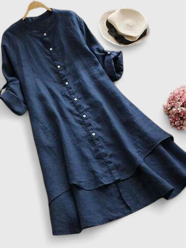 Elegant High-Low Hem Dress with Mandarin Collar and Adjustable Sleeves 1