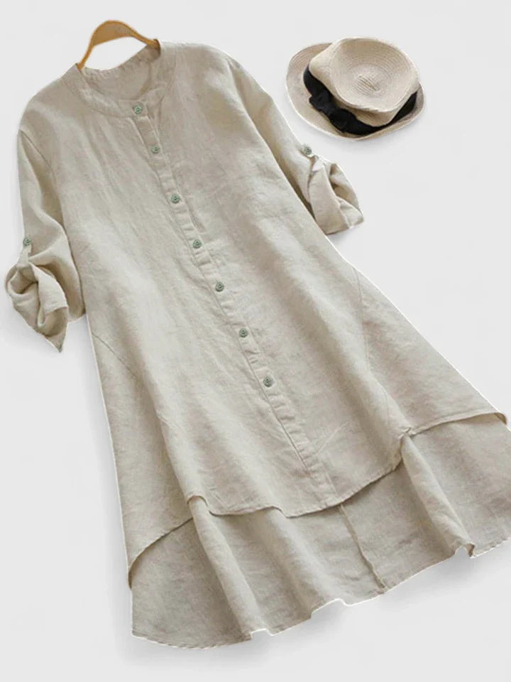 Elegant High-Low Hem Dress with Mandarin Collar and Adjustable Sleeves 2