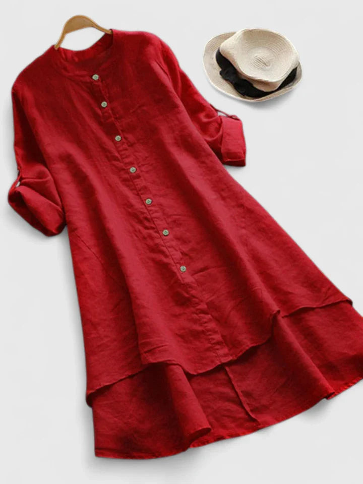 Elegant High-Low Hem Dress with Mandarin Collar and Adjustable Sleeves 3