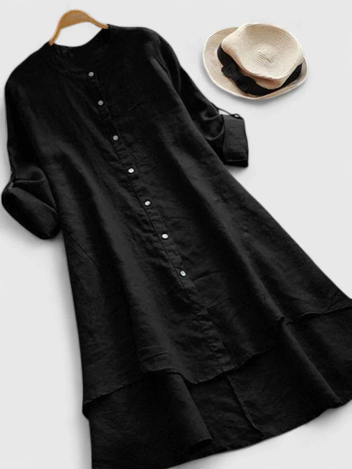 Elegant High-Low Hem Dress with Mandarin Collar and Adjustable Sleeves 4