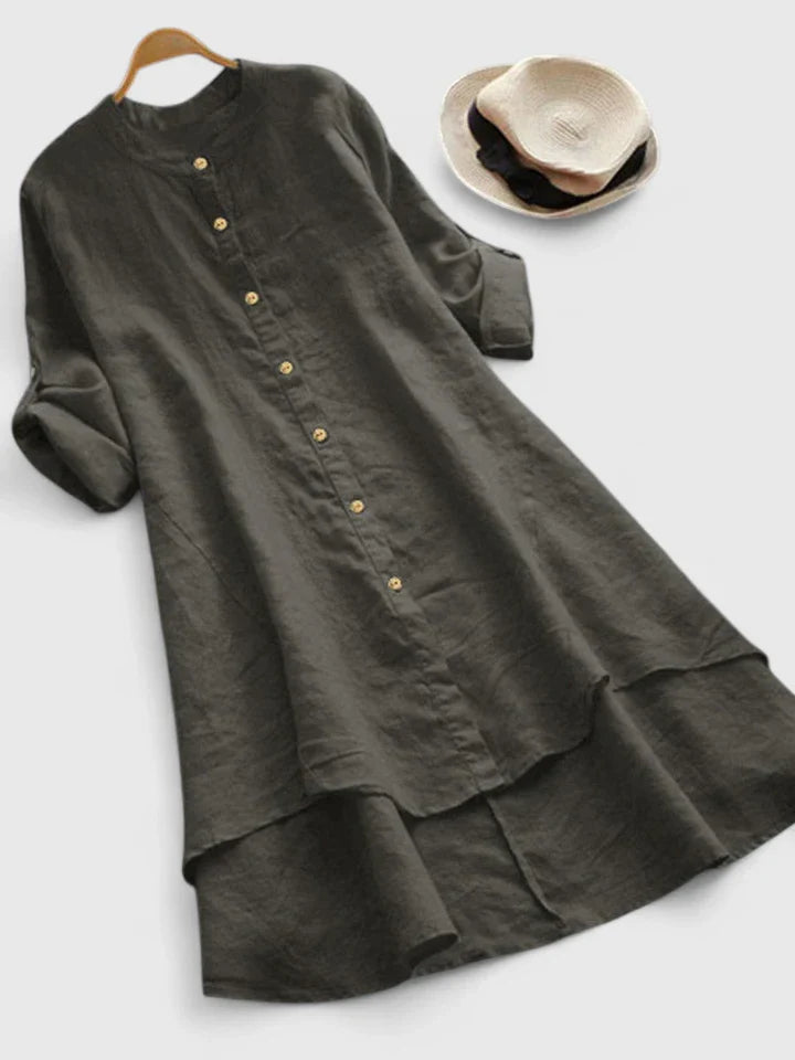 Elegant High-Low Hem Dress with Mandarin Collar and Adjustable Sleeves 5