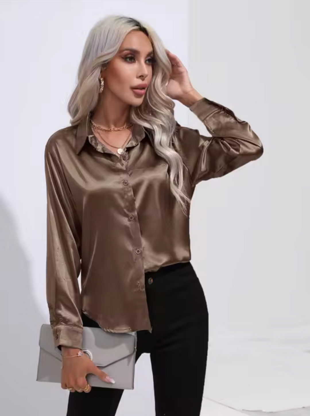 Elegant Long Sleeve Blouse for Women - Versatile Satin Top for Business and Casual Wear 1