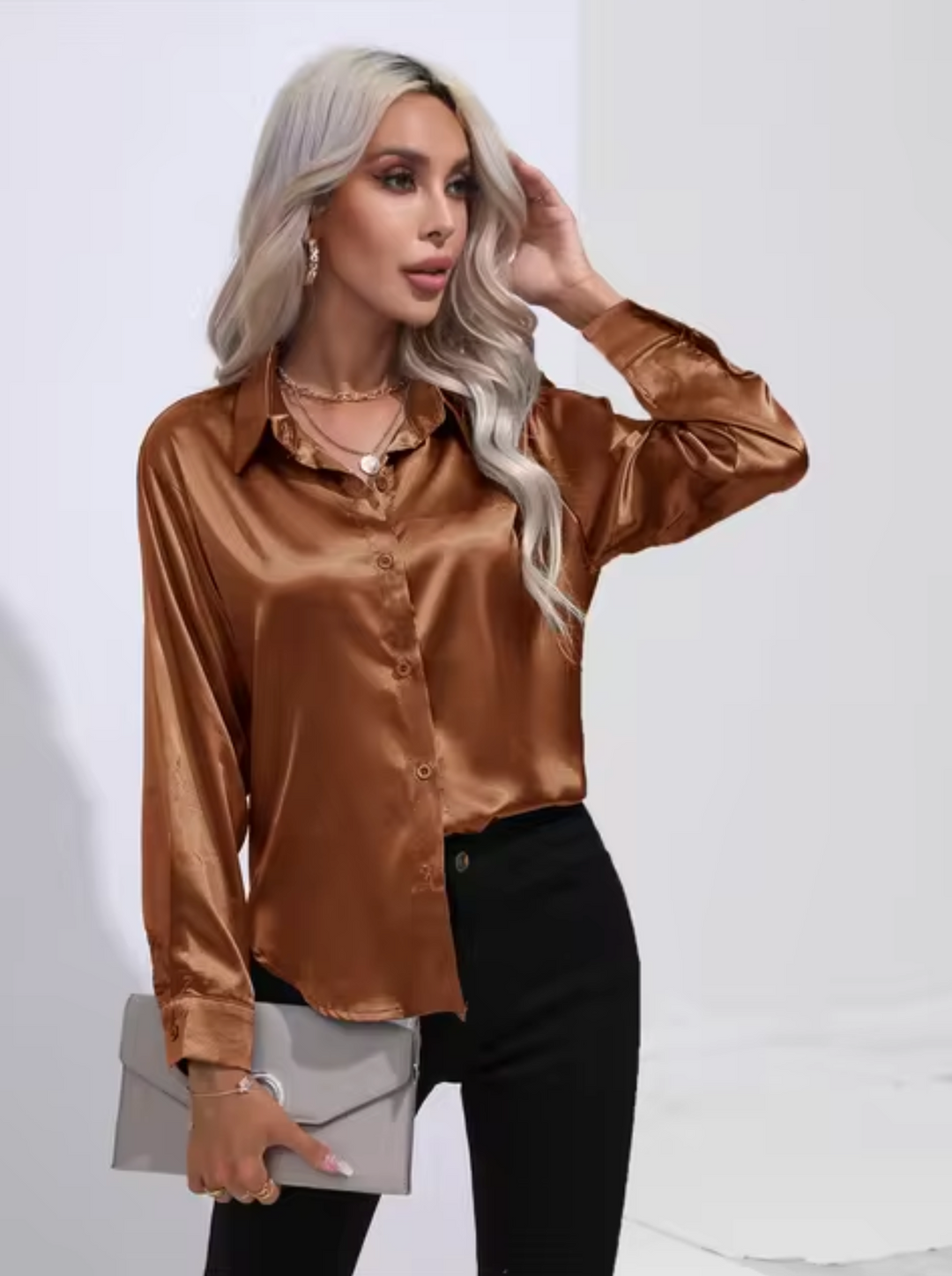 Elegant Long Sleeve Blouse for Women - Versatile Satin Top for Business and Casual Wear 11