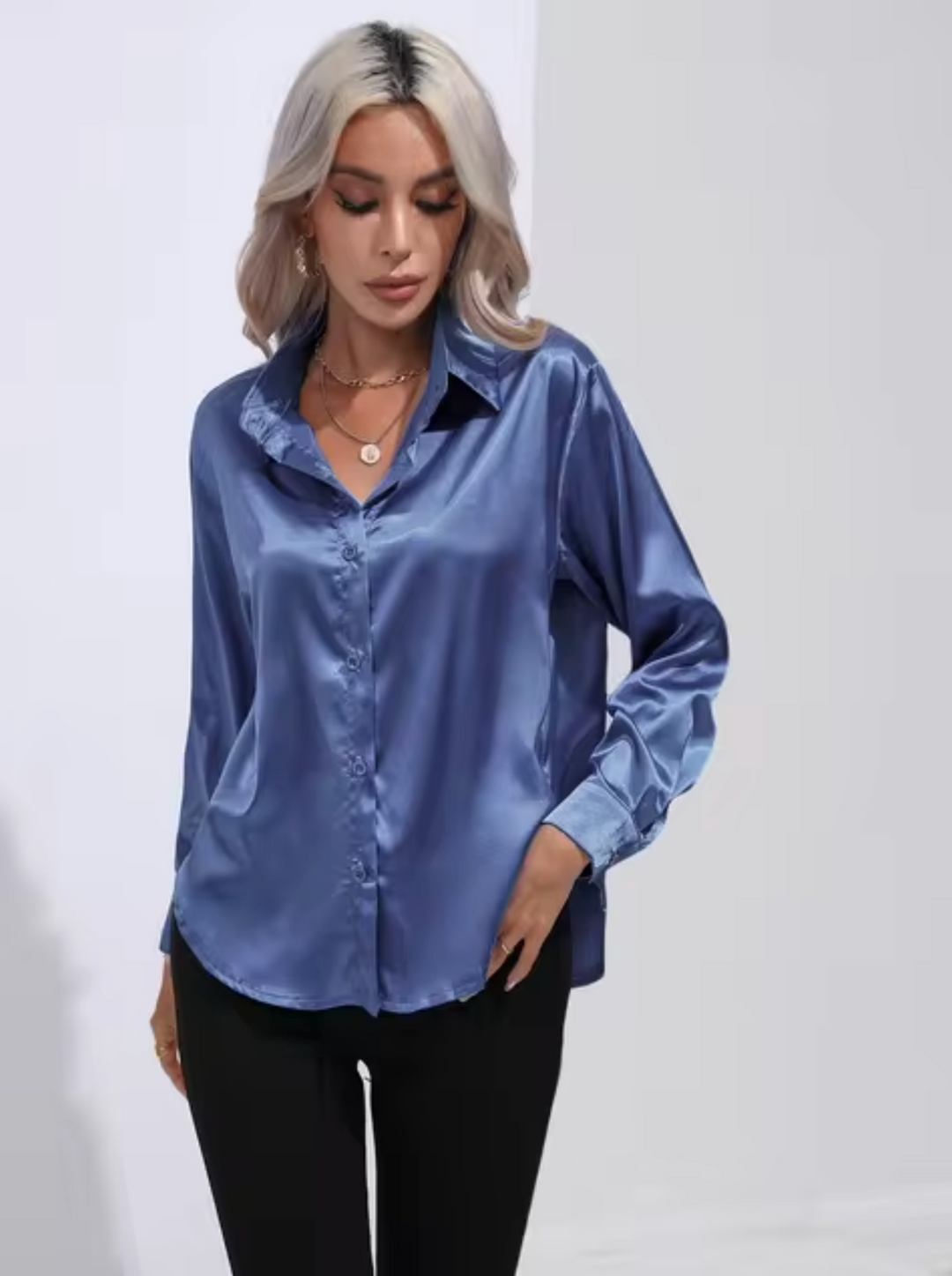 Elegant Long Sleeve Blouse for Women - Versatile Satin Top for Business and Casual Wear 2